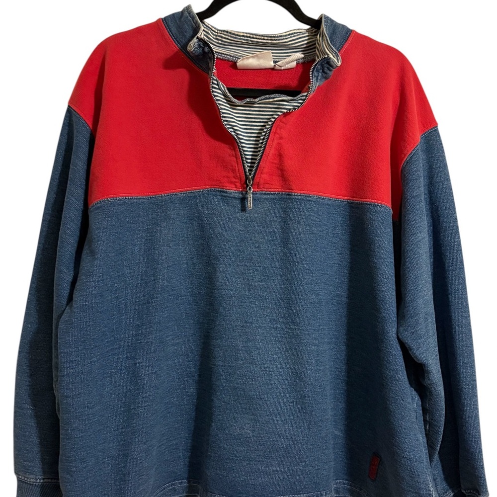 Vintage Elizabeth Liz&Co Quarter Zip Red Blue Striped 100% Cotton Pullover - M